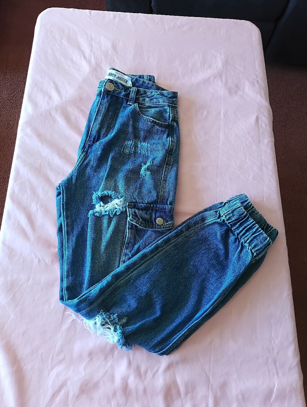 Refuge Denim Cargo Jogger Womens 0 Blue Distressed Ripped Utility Pants HighRise